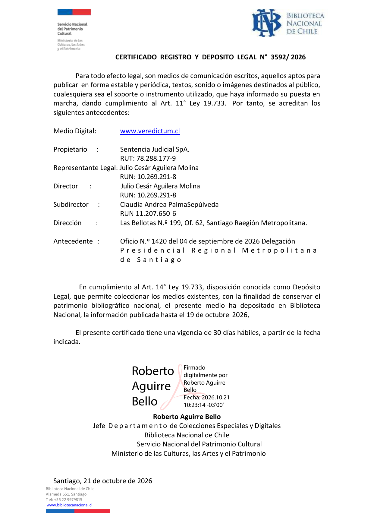 Certificado de Registro y Depósito Legal N° 3592/2026 de la Biblioteca Nacional de Chile para Veredictum.cl